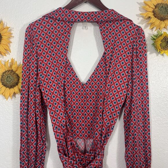 Free People Red Pink Blue Black Open Back Mini Dress Size Medium - Picture 8 of 14